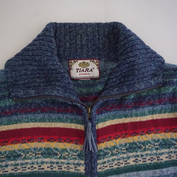 Vintage Tiara Blue Stripe Zip Front Knit Cardigan Cabincore Eclectic Grandpa M - Picture 9 of 9